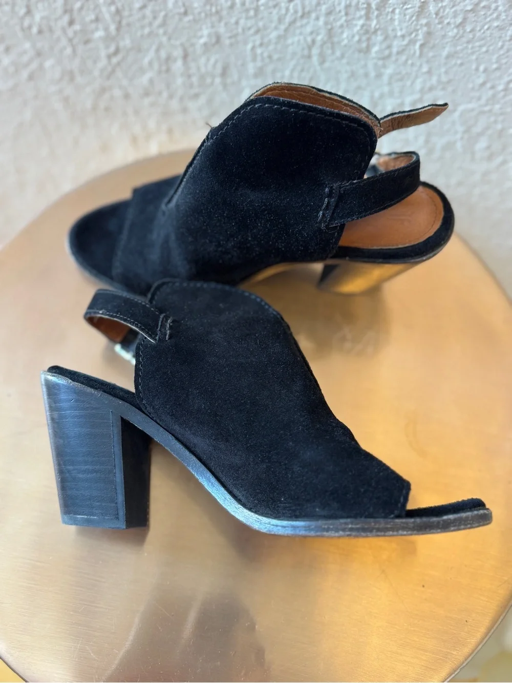 Frye Black Suede Open-Toe Slingback Block Heels